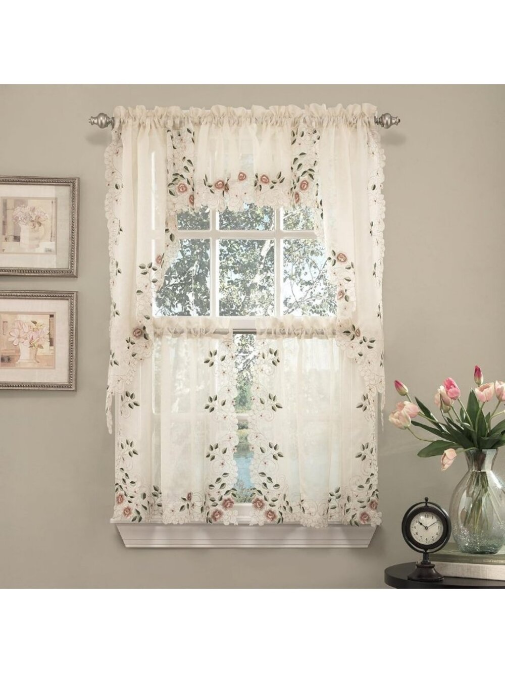 Chic 5-Pc Kitchen Curtain Set - Valance & Tier Pair, Rosemary Linen, 24" or 36